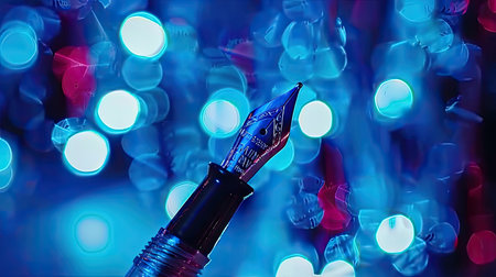 A fountain pen delicately placed on a vibrant blue background, capturing timeless elegance and artistic inspiration.の素材