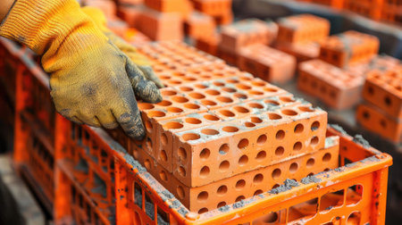A worker carefully places bricks into a crate, creating a solid foundation for future construction projects.の素材