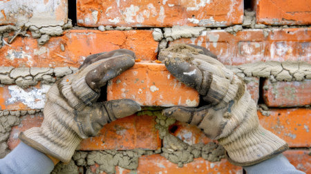 A person wearing gloves firmly presses a brick against a wall, symbolizing resistance or construction.の素材