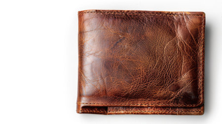 A luxurious brown leather wallet gently placed on a clean white background, offering a sense of sophistication and style.の素材