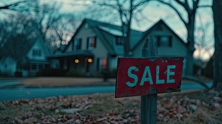 A vibrant sale sign stands prominently in front of a charming house, inviting potential buyers to seize this golden opportunity.の素材