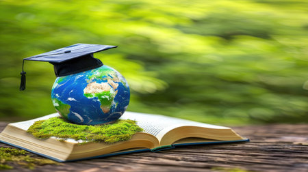 A graduation cap rests proudly on top of a book covered in lush green moss, symbolizing growth, knowledge, and achievement.の素材