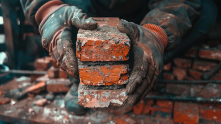 A man holds a brick in his hands, showing the contrast between his strength and the fragility of the brick.の素材