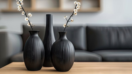 Three sleek black vases elegantly placed on a rustic wooden table, creating a striking visual contrast.の素材
