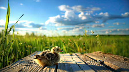 A small chick perched on a wooden board in a vibrant grassy field, soaking up the sun in its serene surroundings.の素材