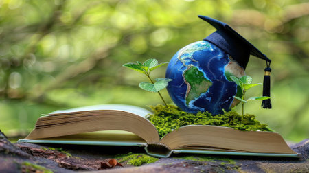 A globe sits on top of an open book, adorned with a graduation cap, symbolizing the achievement of knowledge and academic success.の素材