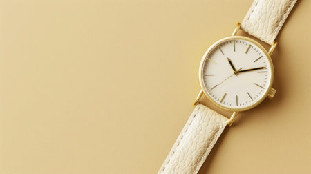 A pristine white watch delicately rests upon a soothing beige background, exuding a sense of timeless sophistication.の素材