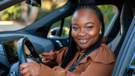 A woman confidently sits in the drivers seat of a parked car, ready to embark on her journey.の素材