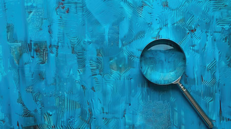 A single magnifying glass rests atop a calm blue wall, casting a mysterious and contemplative aura.の素材