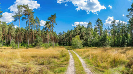 A dirt road stretches through a field with lush tall grass and towering trees, creating a serene and picturesque setting.の素材