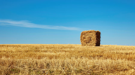 A picturesque scene of a large hay bale standing tall in a vast field of golden wheat, under the suns warm glow.の素材