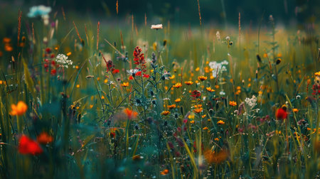 A field explodes with a plethora of wildflowers and other colorful blooms, painting the landscape with a kaleidoscope of hues.の素材