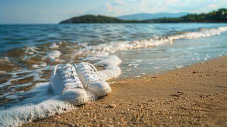 A pair of white shoes casually abandoned on the golden sands of a tranquil beach, basking in the suns warm glow.の素材