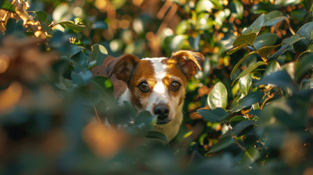 A brown and white dog peeking out from a bush with curious eyes and perked ears.の素材
