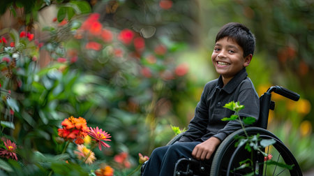 A young boy in a wheelchair exploring a garden filled with colorful flowers, surrounded by the vibrant sights and scents of nature.の素材