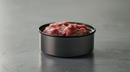 A metal bowl on a table filled with raw meat, ready for cooking or marinating.の素材