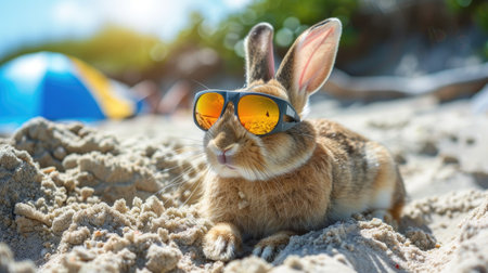 A stylish rabbit relaxes on a sandy beach, sporting trendy sunglasses under the sun.の素材