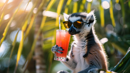 A curious lemur delicately holds a glass of orange juice, taking a moment to savor the refreshing drink.の素材