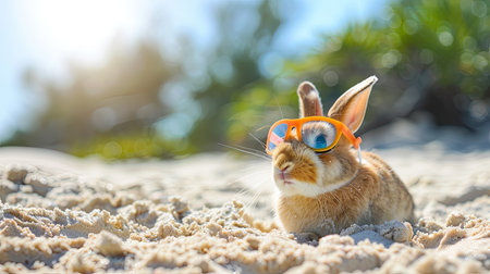 A stylish rabbit relaxes on a sandy beach, sporting trendy sunglasses under the sun.の素材
