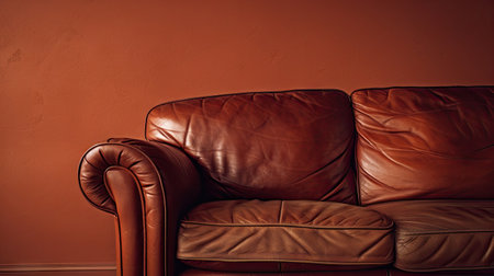A brown leather couch sits elegantly against a tan wall, creating a serene and sophisticated living space.の素材