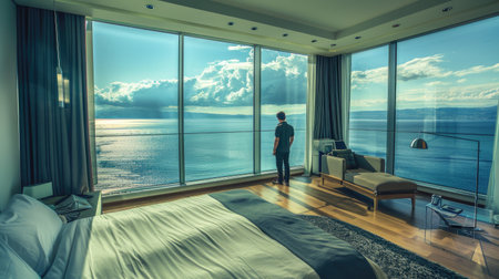 A man stands in a bedroom, mesmerized by the vast ocean stretching out before him.の素材