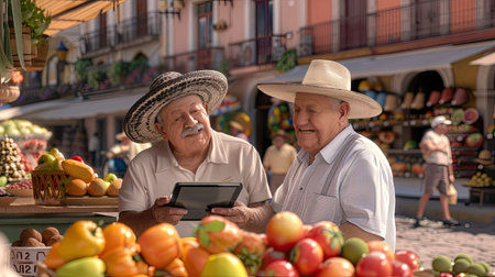 Two men in straw hats, one holding a tablet, stand in a bustling market with a display of colorful fruits and vegetables in the foreground.の素材