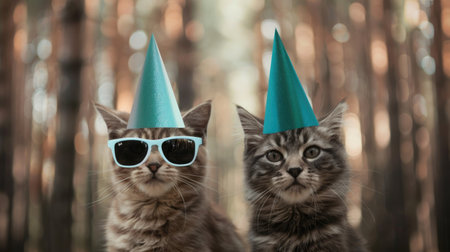 Two cats in party hats and sunglasses stare intently at the camera, celebrating in a forest setting.の素材