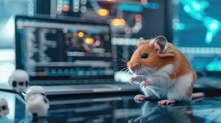 A hamster sits on a desk in front of a laptop and other technology, seemingly working on a project.の素材