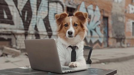 A dog wearing a white shirt and tie sits in front of a laptop outside a brick building, thoughtfully working.の素材