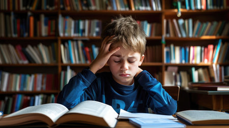 A young boy sits at a table in a library, deeply engrossed in his studies, surrounded by bookshelves filled with knowledge.の素材