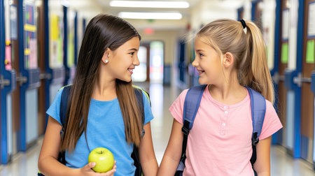 Two schoolgirls, one holding an apple, look at each other and smile while walking down a hallway.の素材