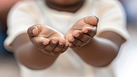 A child's hands, open and outstretched, reaching out in a gesture of hope and need.の素材