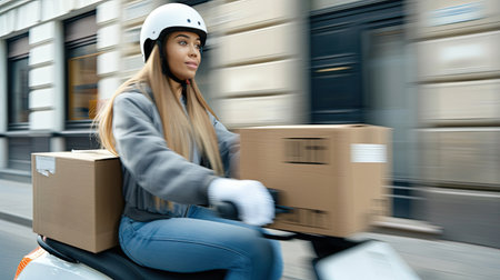 A delivery rider speeds through a city, carrying boxes on their scooter.の素材