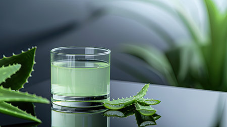 A glass of aloe vera juice sits on a reflective surface, surrounded by green aloe vera leaves.の素材