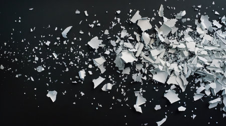 A scattering of white fragments on a dark background, capturing a moment of shattered stillness.の素材
