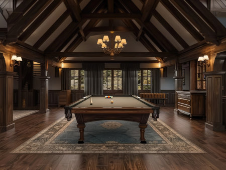 A well-lit pool table occupies the center of a spacious game room with a vaulted wooden ceiling.の素材