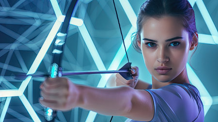 A young woman aims a bow and arrow, her eyes locked on the target, as neon lights illuminate the futuristic setting.の素材
