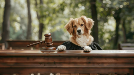 A serious brown and white dog, wearing a black robe, sits on a bench outdoors with a gavel. Green trees and leaves provide the backdrop.の素材