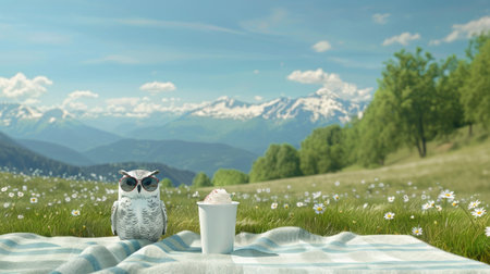 An owl sits on a blanket with a cup of whipped cream in front of it, enjoying the view of snow-capped mountains and a field of wildflowers.の素材
