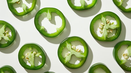 Perfectly sliced green peppers lay on a white background, their vibrant green color and delicate details captivating the eye.の素材