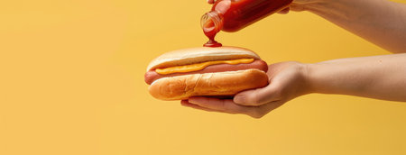 A hand skillfully pours ketchup over a hot dog nestled in a bun, set against a warm yellow background, highlighting a moment of culinary delight.の素材
