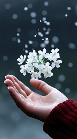 White flowers float gently above an outstretched hand against a blurred dark background showcasing a serene moment of connection with natureの素材