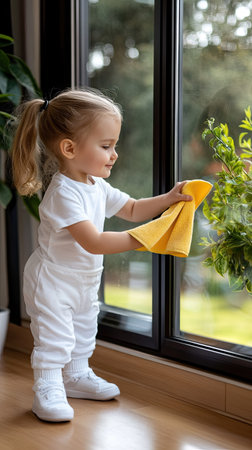 Young child cleaning window with a cloth while standing near indoor plants in a bright, cozy room during daylight hoursの素材
