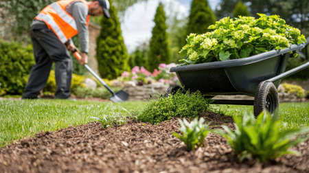 A diligent garden worker is carefully cultivating the soil and planting vibrant flowers in a beautiful residential yard on a sunny dayの素材