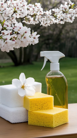 A beautifully arranged table featuring cleaning supplies, all set against the backdrop of blossoming flowers in a vibrant spring gardenの素材