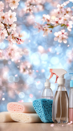 Cleaning supplies arranged in front of a blurred cherry blossom background with gentle bokeh light effects during springtimeの素材