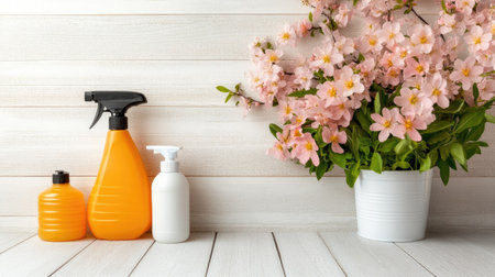 Cleaning supplies arranged next to a bouquet of pink flowers on a wooden surface in a bright interior spaceの素材