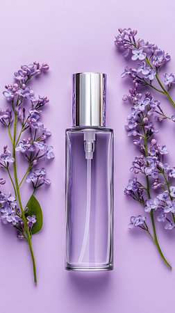 Glass perfume bottle surrounded by lilac flowers on a pastel purple background in a serene setting showcasing the essence of springの素材