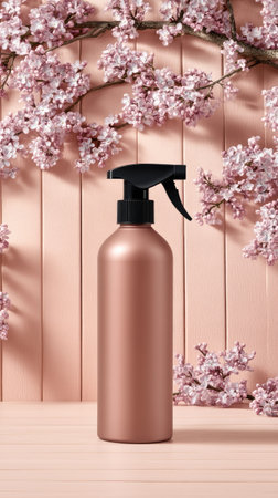 Stylish rose gold spray bottle displayed against a backdrop of blossoming cherry blossoms and a wooden wall, creating an elegant and fresh atmosphereの素材