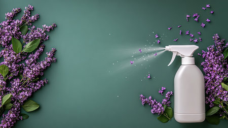 A beautifully designed floral arrangement featuring vibrant lavender, accompanied by a stylish spray bottle, all set against a rich green backgroundの素材